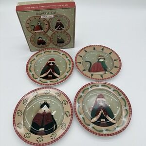 Oneida Holiday Cats Stoneware Salad Dessert Plates Set of 4 Christmas Folk Art
